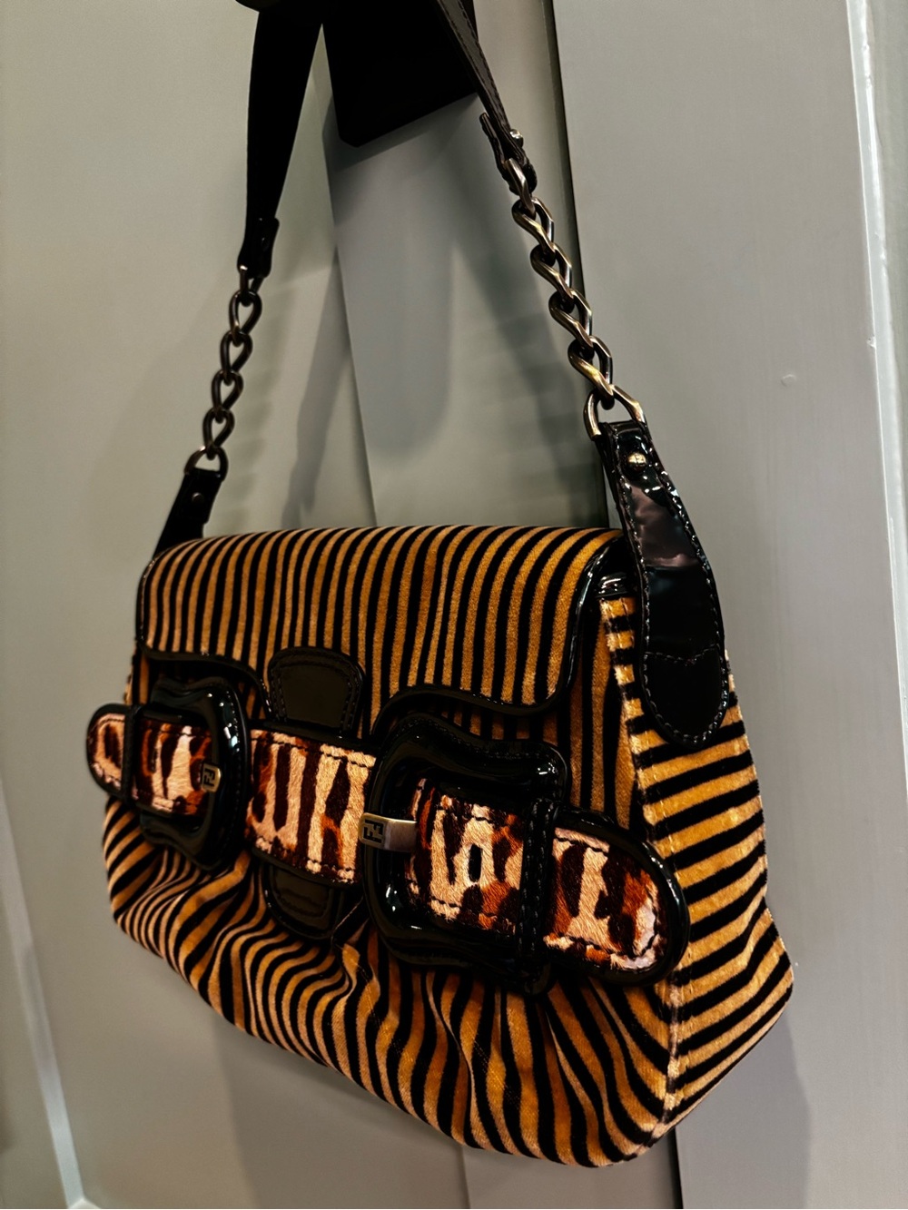 FENDI Pony Hair Stripe Leopard Baguette Shoulder Bag Patent Leather Rare - Picture 11 of 16